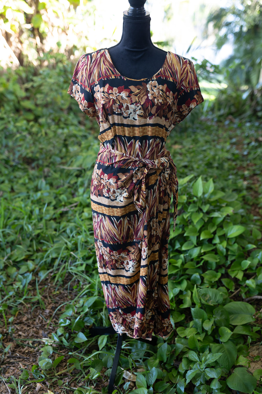Vintage 90s Jessica Howard Tropical Rayon Maxi Dress - Tiki Hula Print - Size 12