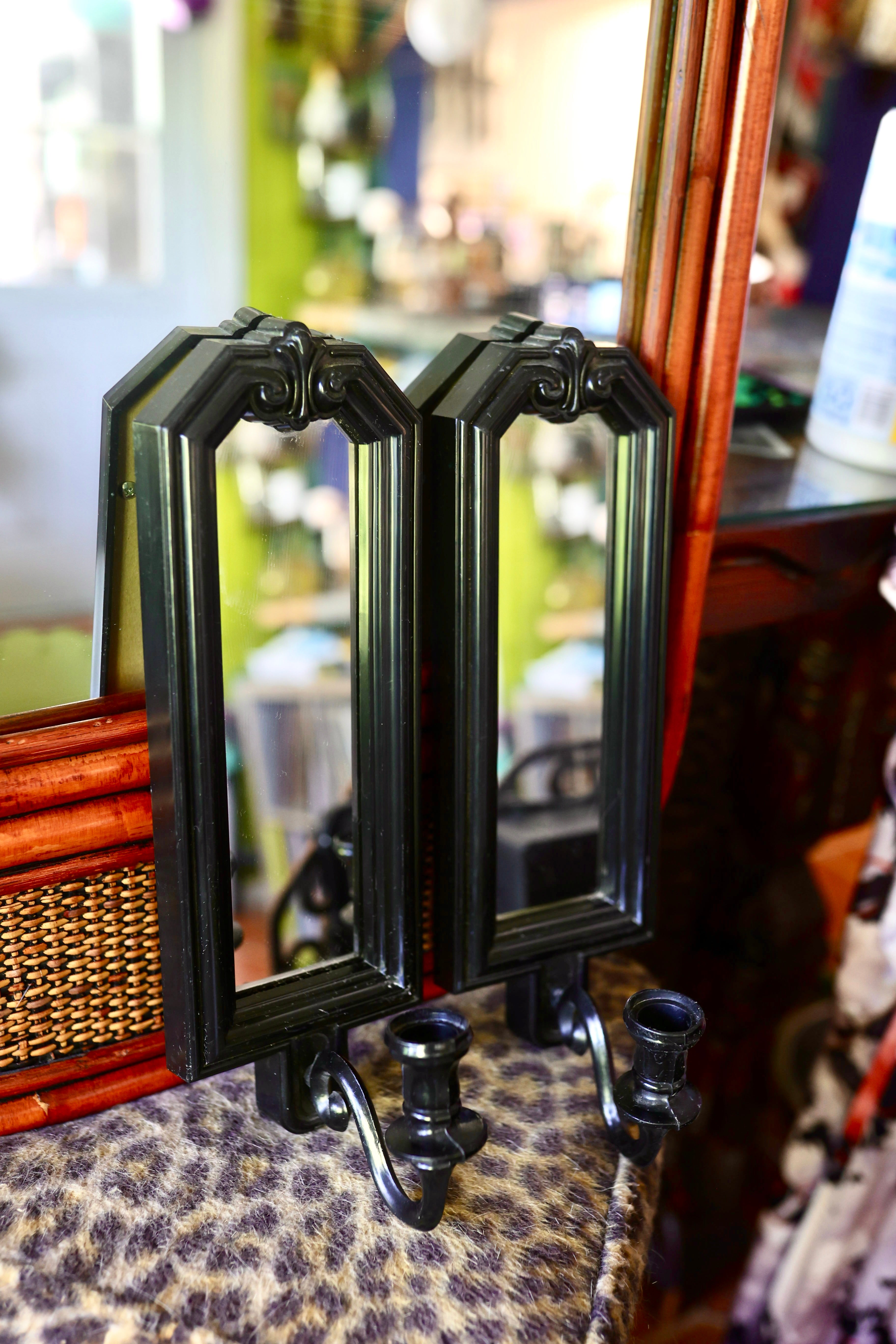 Vintage Pair of Black Mirrored Wall Sconces – Molded Plastic Taper Candle Holders