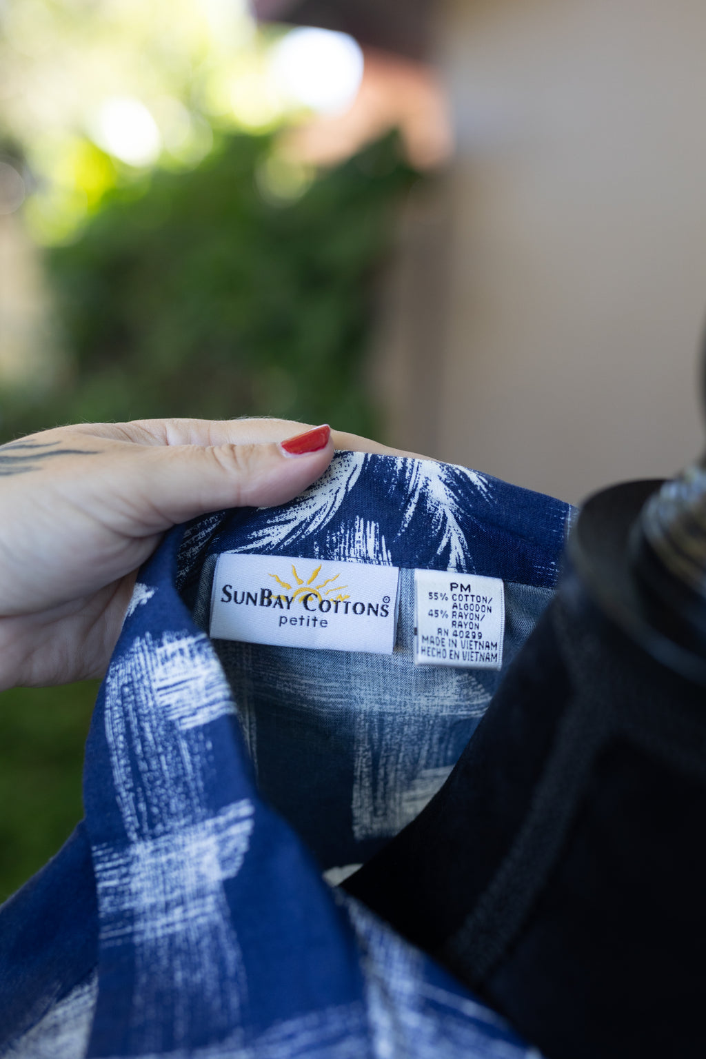 SunBay Cottons Petite Tropical Palm Tree Print Shirt - Navy Blue - PM