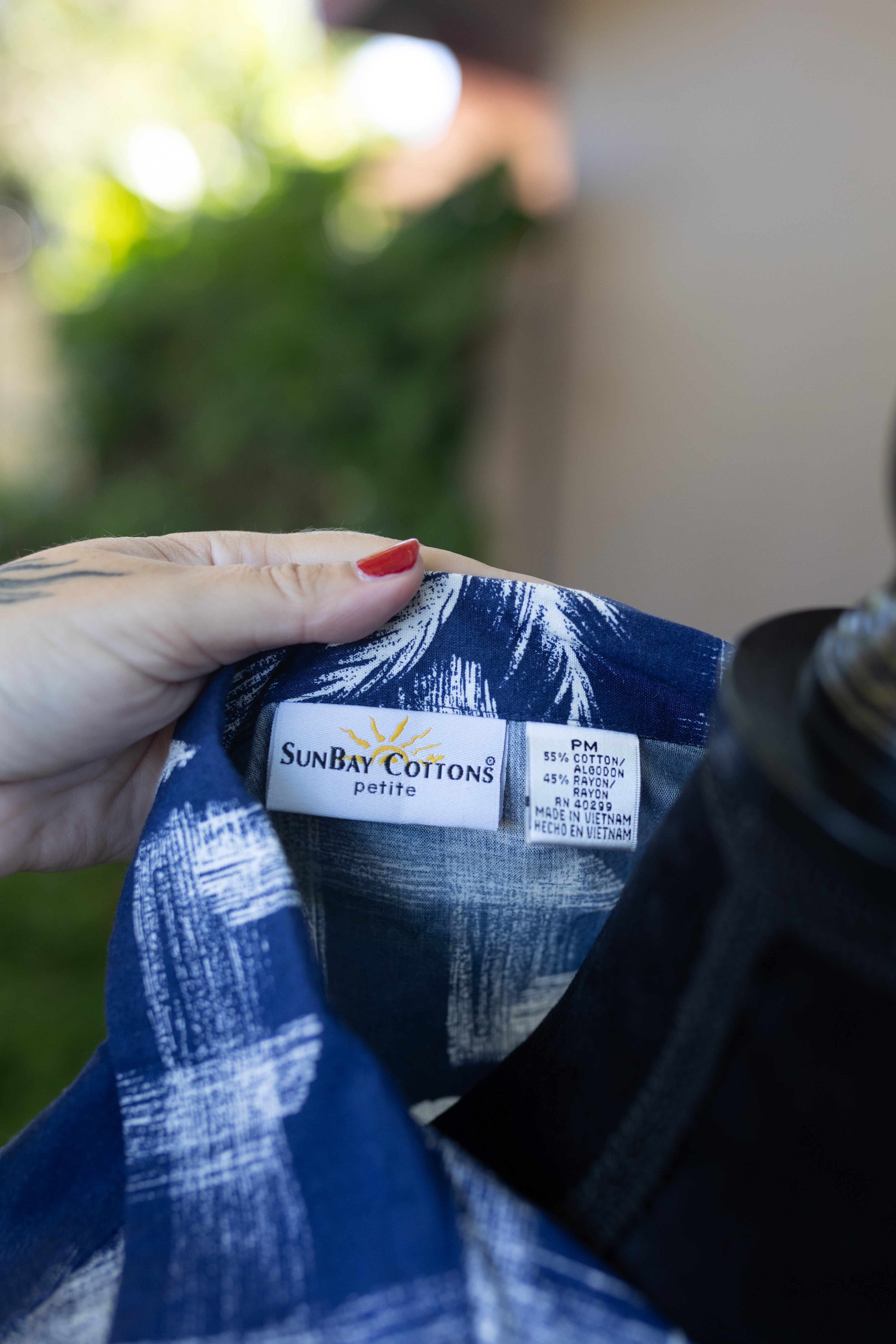 SunBay Cottons Petite Tropical Palm Tree Print Shirt - Navy Blue - PM