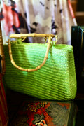 Vintage Bright Lime Green Woven Straw Tote Bag with Natural Bamboo Handles | Tropical Tiki Style