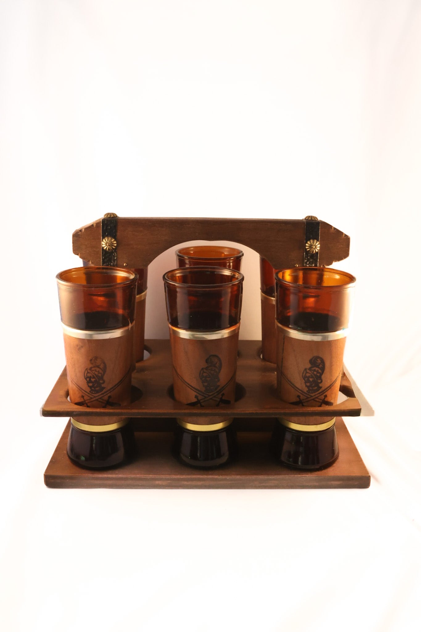 Vintage MCM Siesta Ware Conquistador Glasses with Wooden Caddy - Set of 6