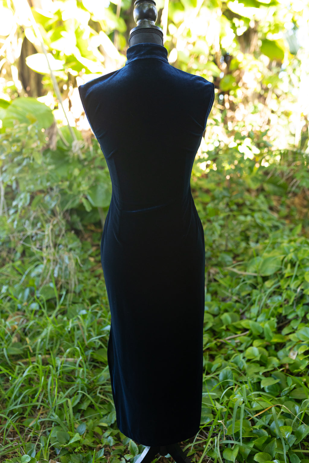 Vintage 90s Papell Boutique Navy Velvet Evening Gown – Cheongsam Style Maxi Dress