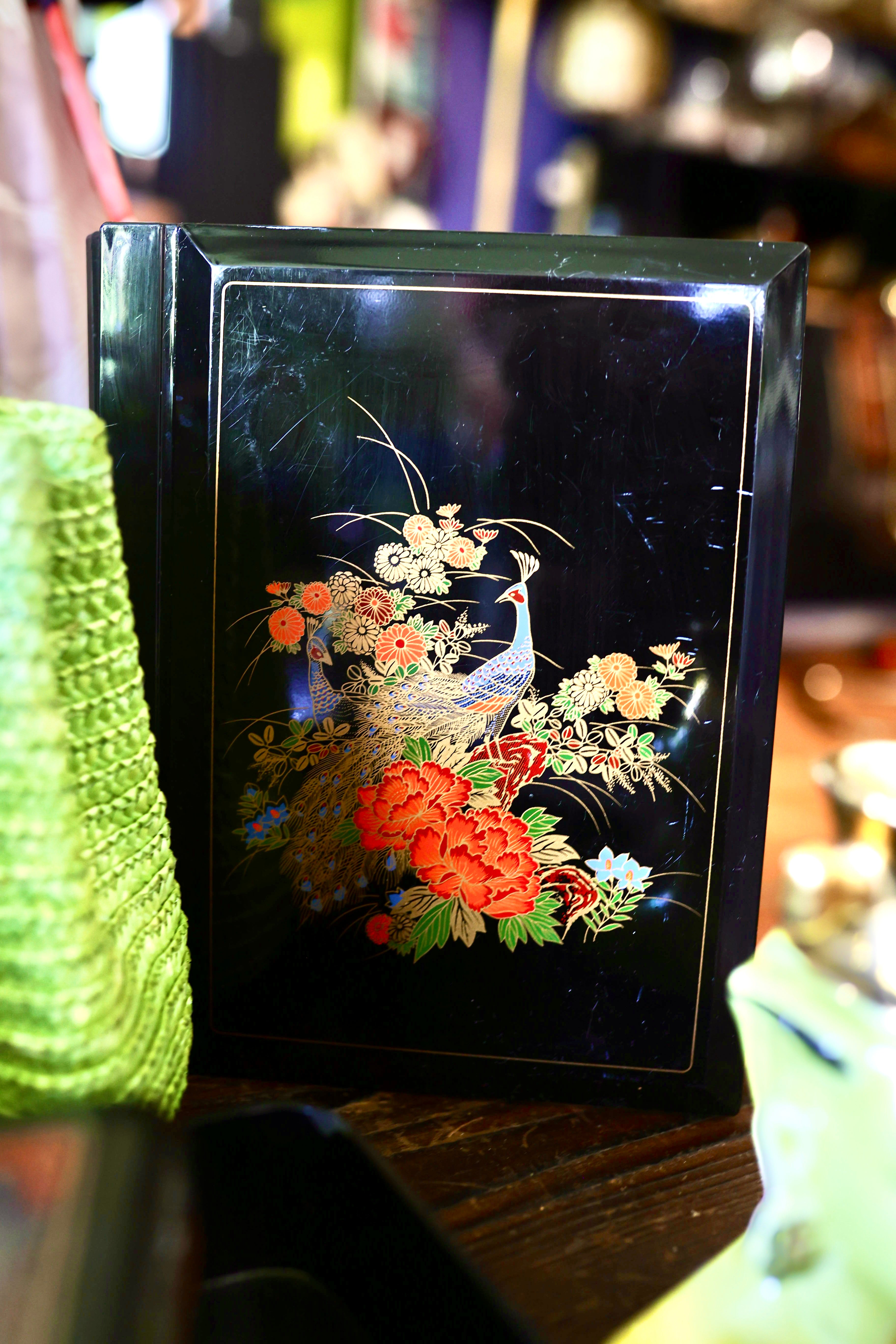 Vintage Japanese Black Lacquer Peacock Photo Album | Gilded Floral Motif