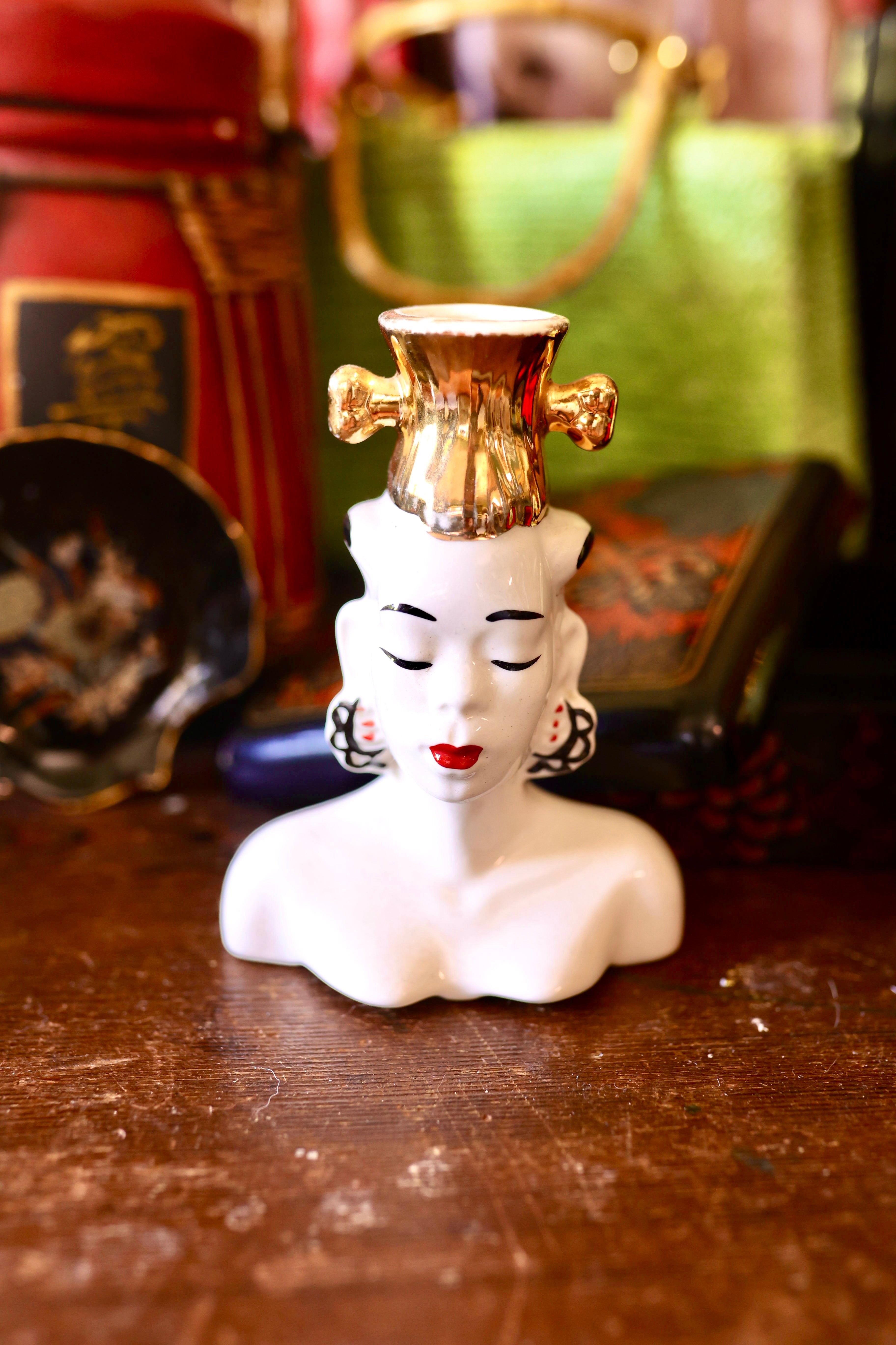 Vintage Mid-Century Ceramic Asian Lady Head Vases / Candle Holders with Metallic Accents (Set of 3 or Individual)
