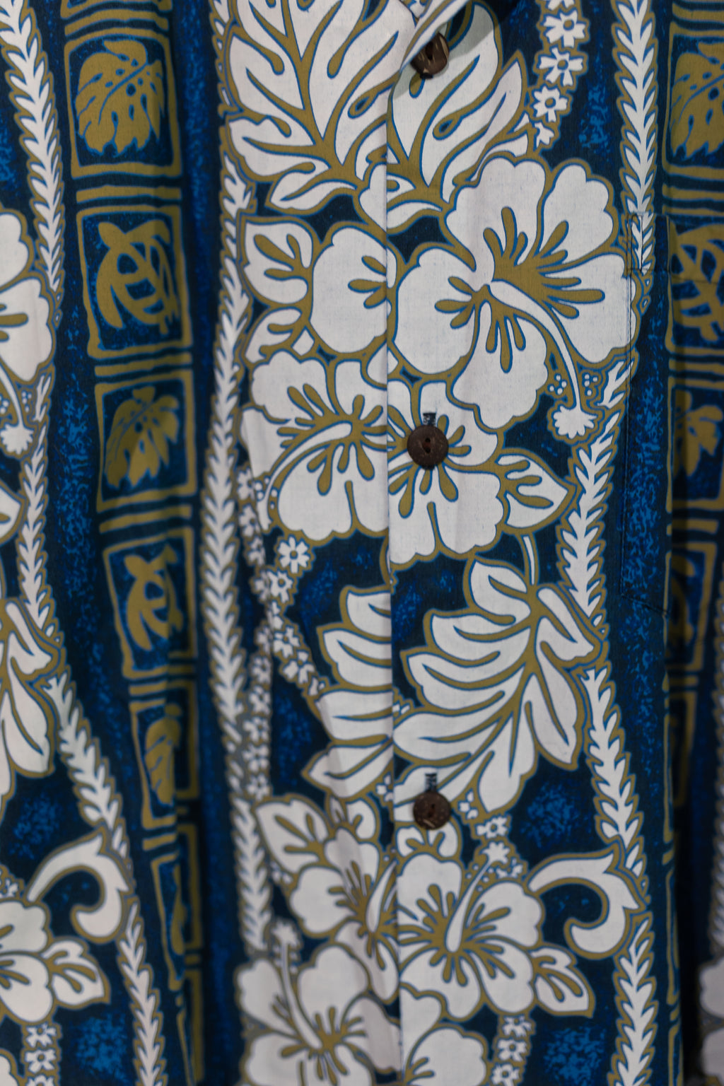 Royal Creations Vintage Hawaiian Shirt - Blue & Gold Floral Hibiscus