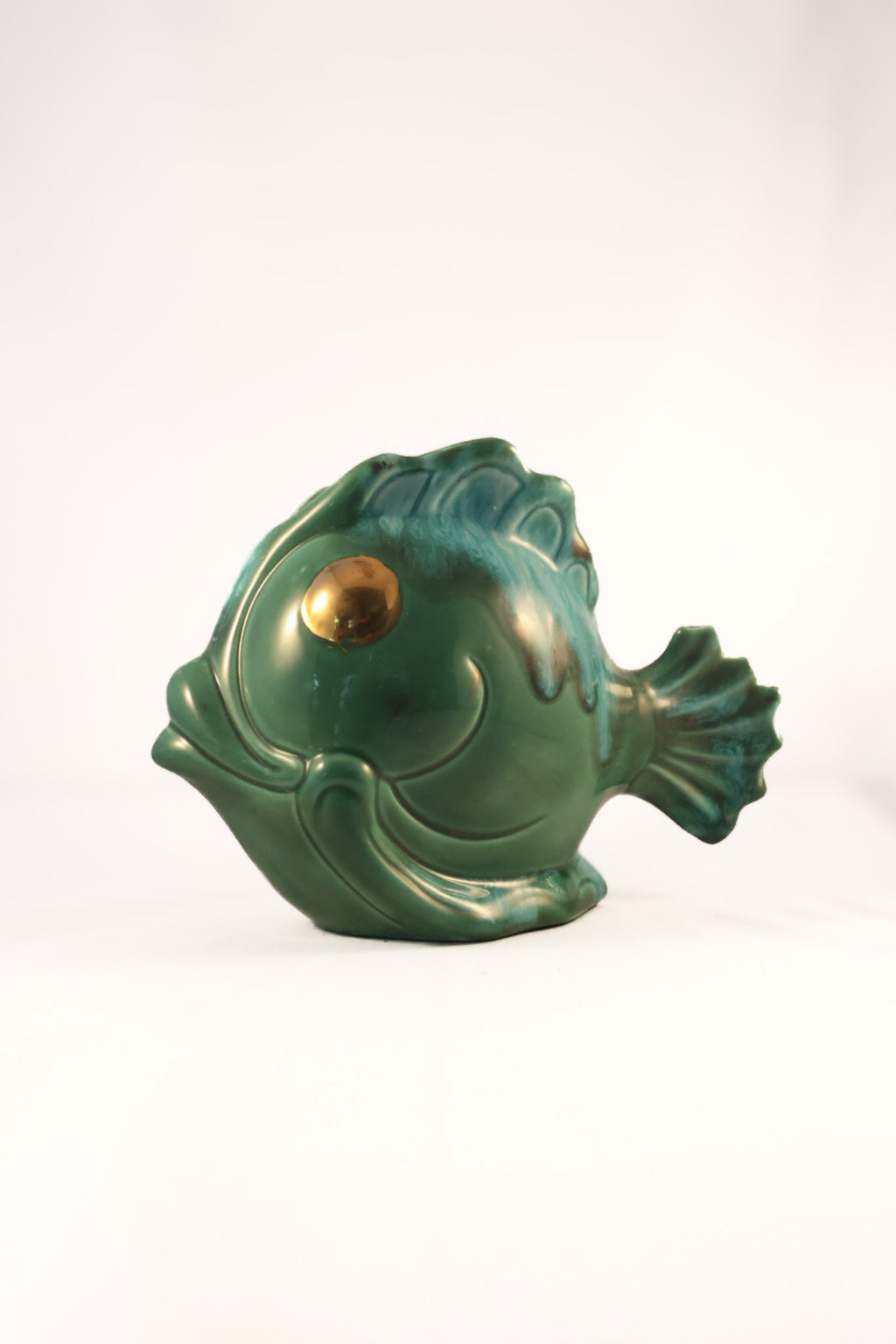 Vintage Mid-Century Green Drip Glaze Ceramic Fish Vase Planter - Gold Foil Eye