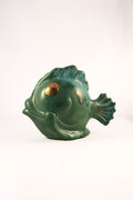 Vintage Mid-Century Green Drip Glaze Ceramic Fish Vase Planter - Gold Foil Eye