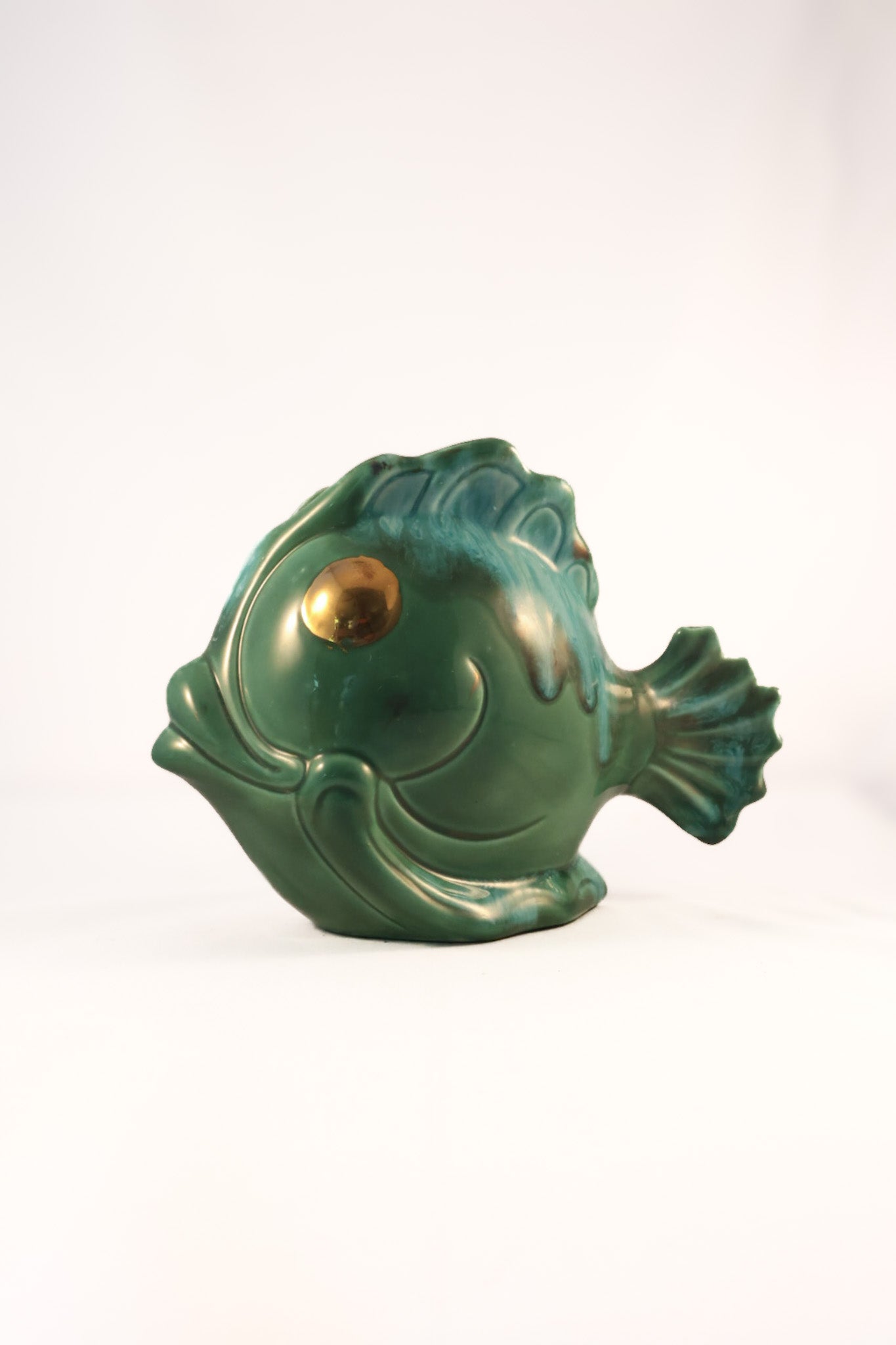 Vintage Mid-Century Green Drip Glaze Ceramic Fish Vase Planter - Gold Foil Eye