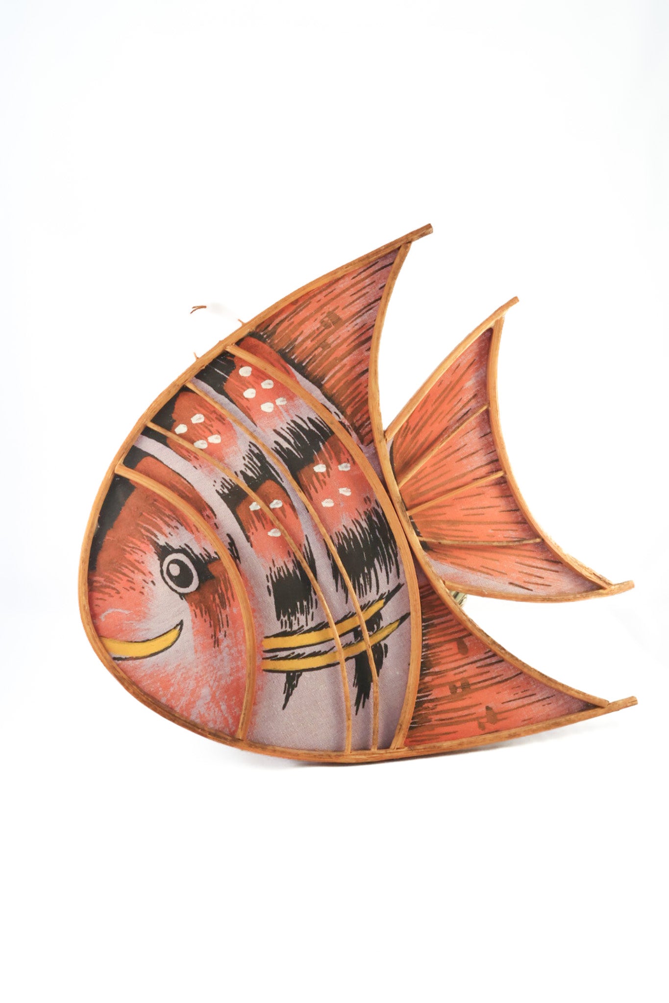 Vintage Mid-Century Fabric & Bamboo Fish Lamp Shade • MCM Tiki Kitsch Light Cover