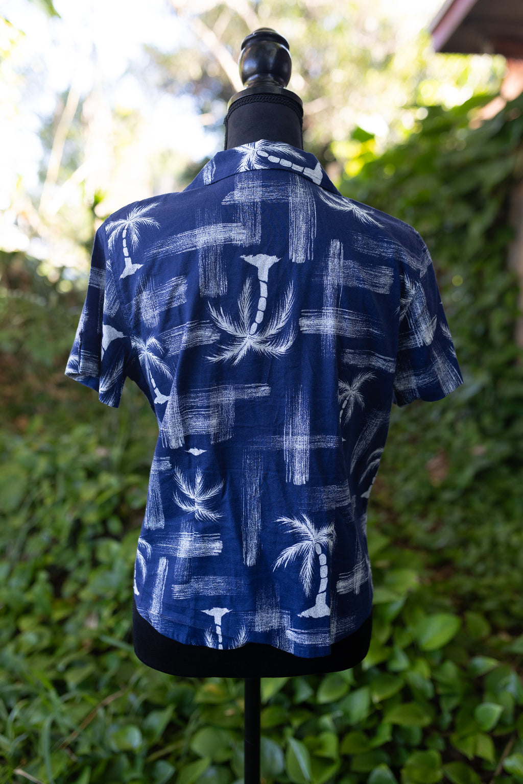SunBay Cottons Petite Tropical Palm Tree Print Shirt - Navy Blue - PM