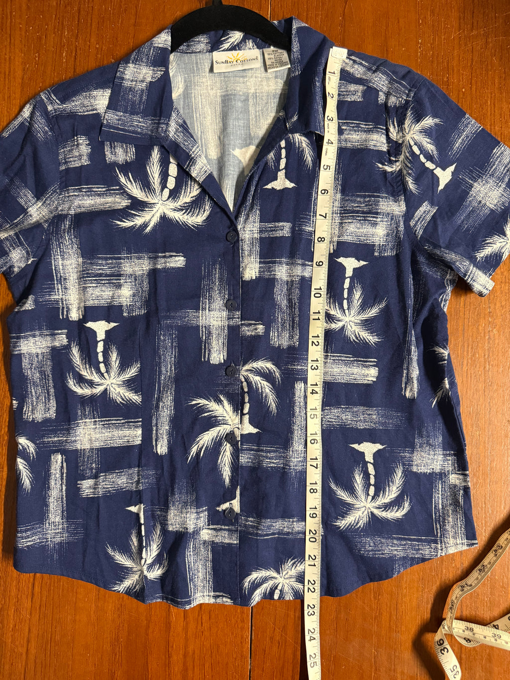 SunBay Cottons Petite Tropical Palm Tree Print Shirt - Navy Blue - PM