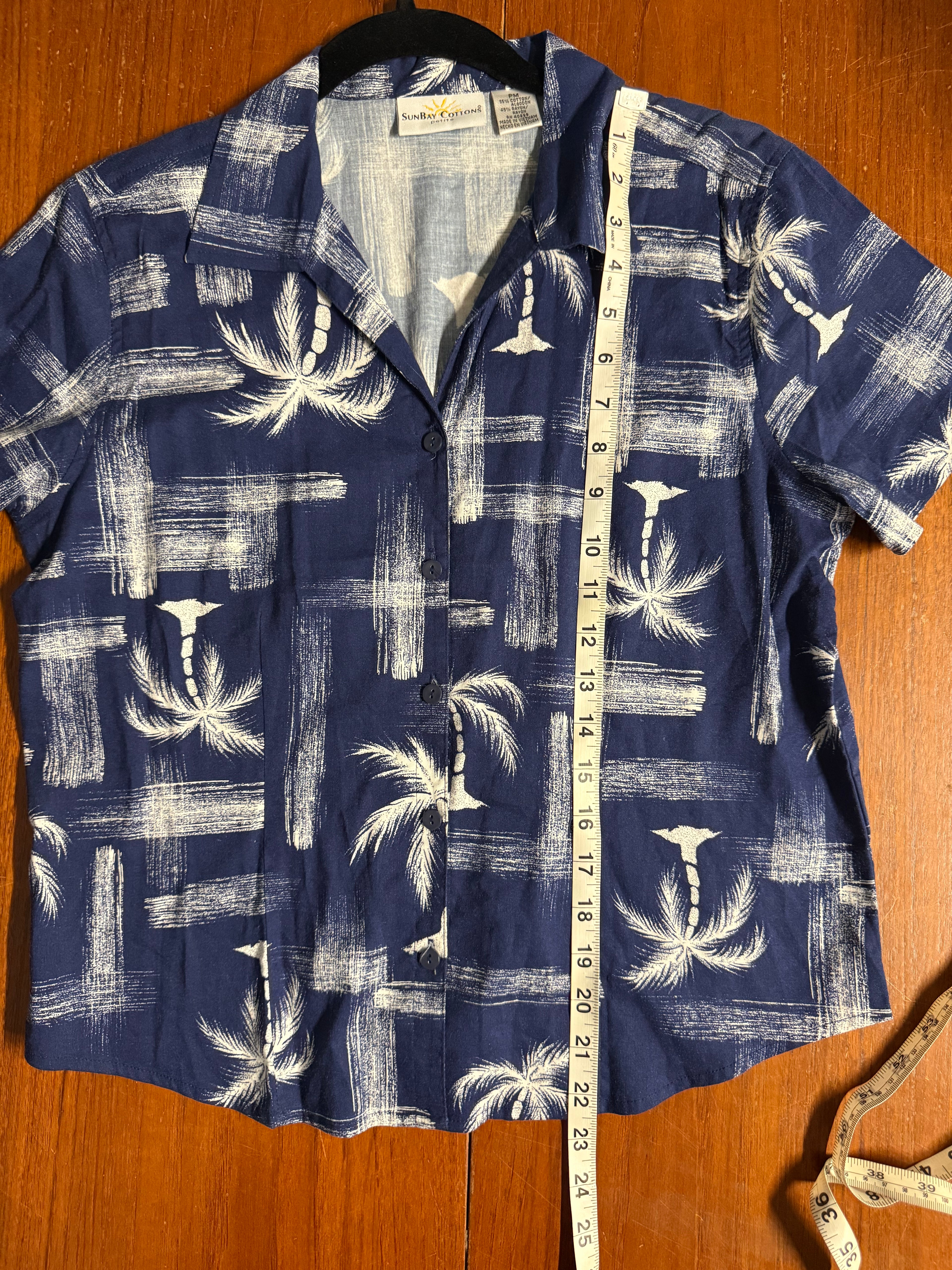 SunBay Cottons Petite Tropical Palm Tree Print Shirt - Navy Blue - PM