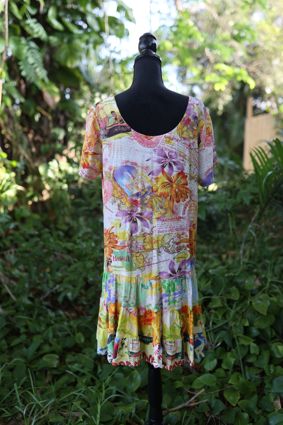 Vintage Jams World "Hattie" Dress | 90s Luggage Label Travel Print | Tiered Ruffle Rayon Midaxi | Size Large