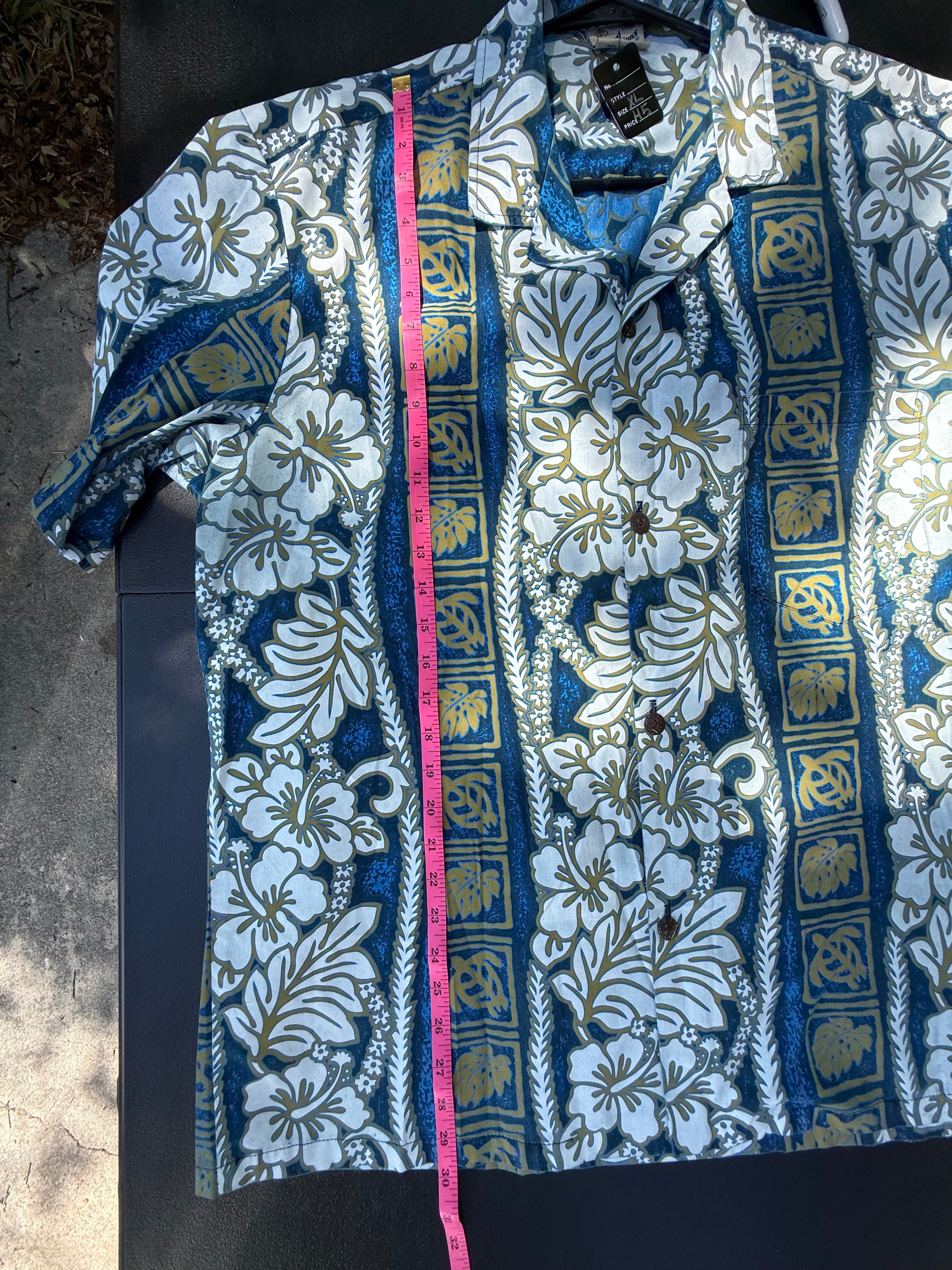Royal Creations Vintage Hawaiian Shirt - Blue & Gold Floral Hibiscus