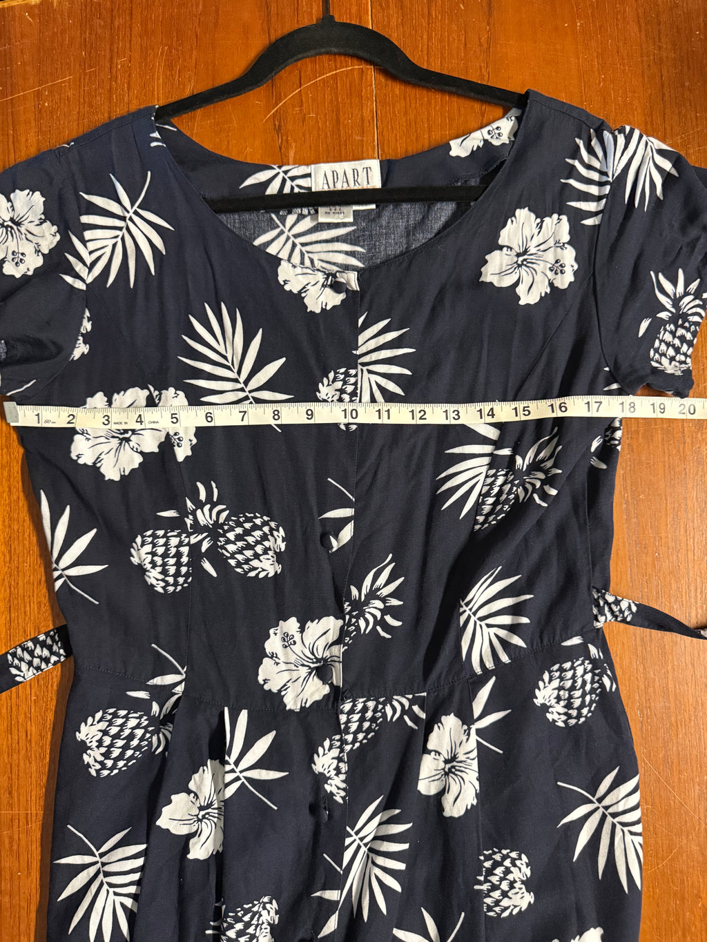 Vintage 90s APART Tropical Pineapple & Hibiscus Rayon Dress | Navy Blue Tiki Picnic Dress | Petite 12P