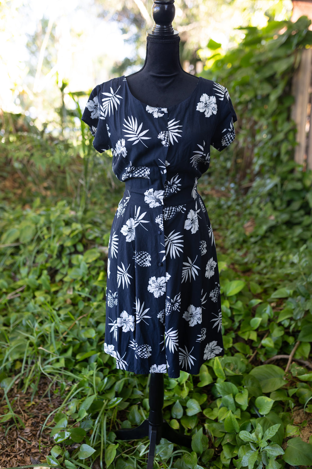 Vintage 90s APART Tropical Pineapple & Hibiscus Rayon Dress | Navy Blue Tiki Picnic Dress