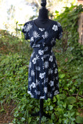 Vintage 90s APART Tropical Pineapple & Hibiscus Rayon Dress | Navy Blue Tiki Picnic Dress | Petite 12P