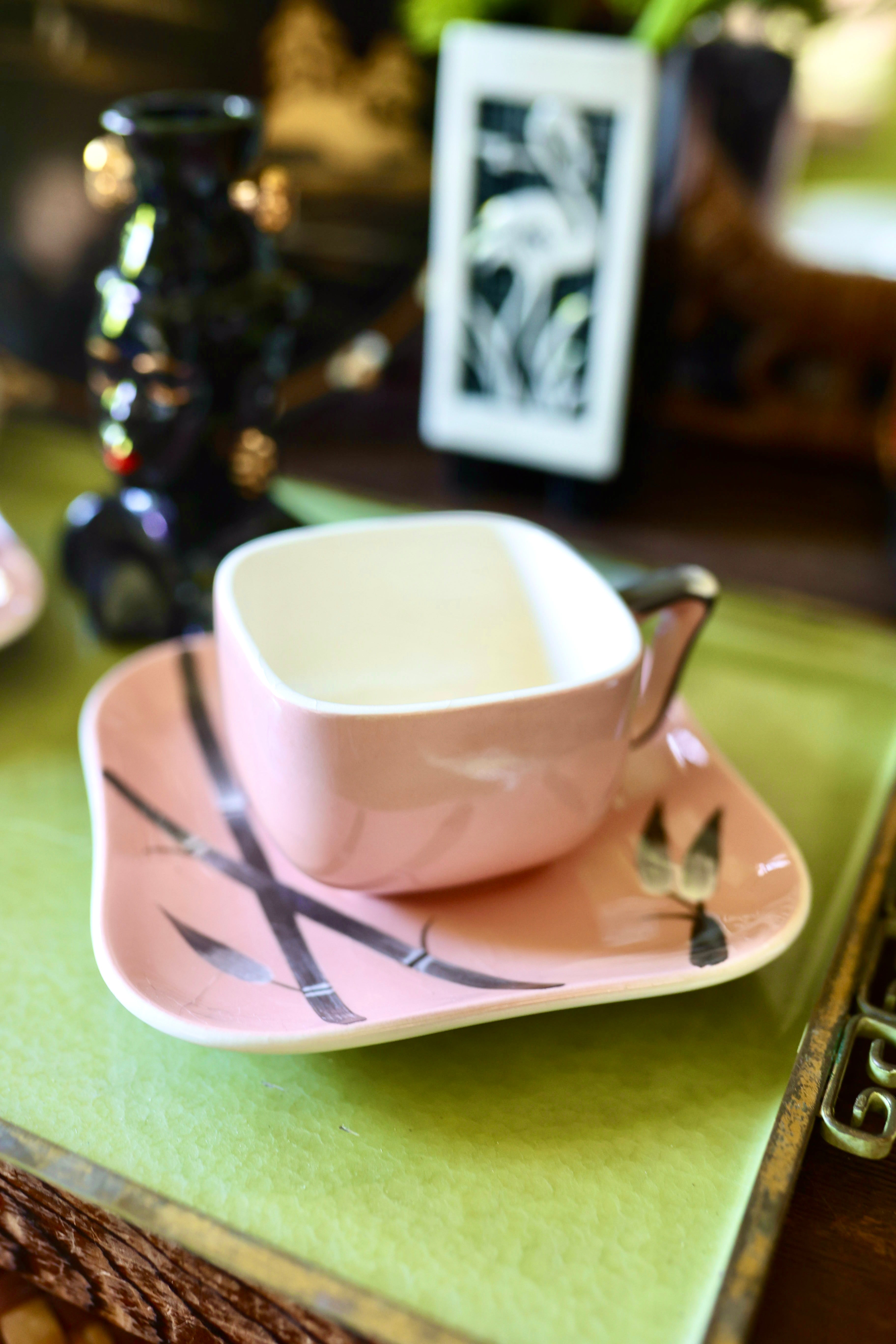 Vintage Mid-Century Modern Pink & Black Ceramic Tea/Coffee Cup and Saucer Set – Tropical Bamboo Motif (Set of 2)