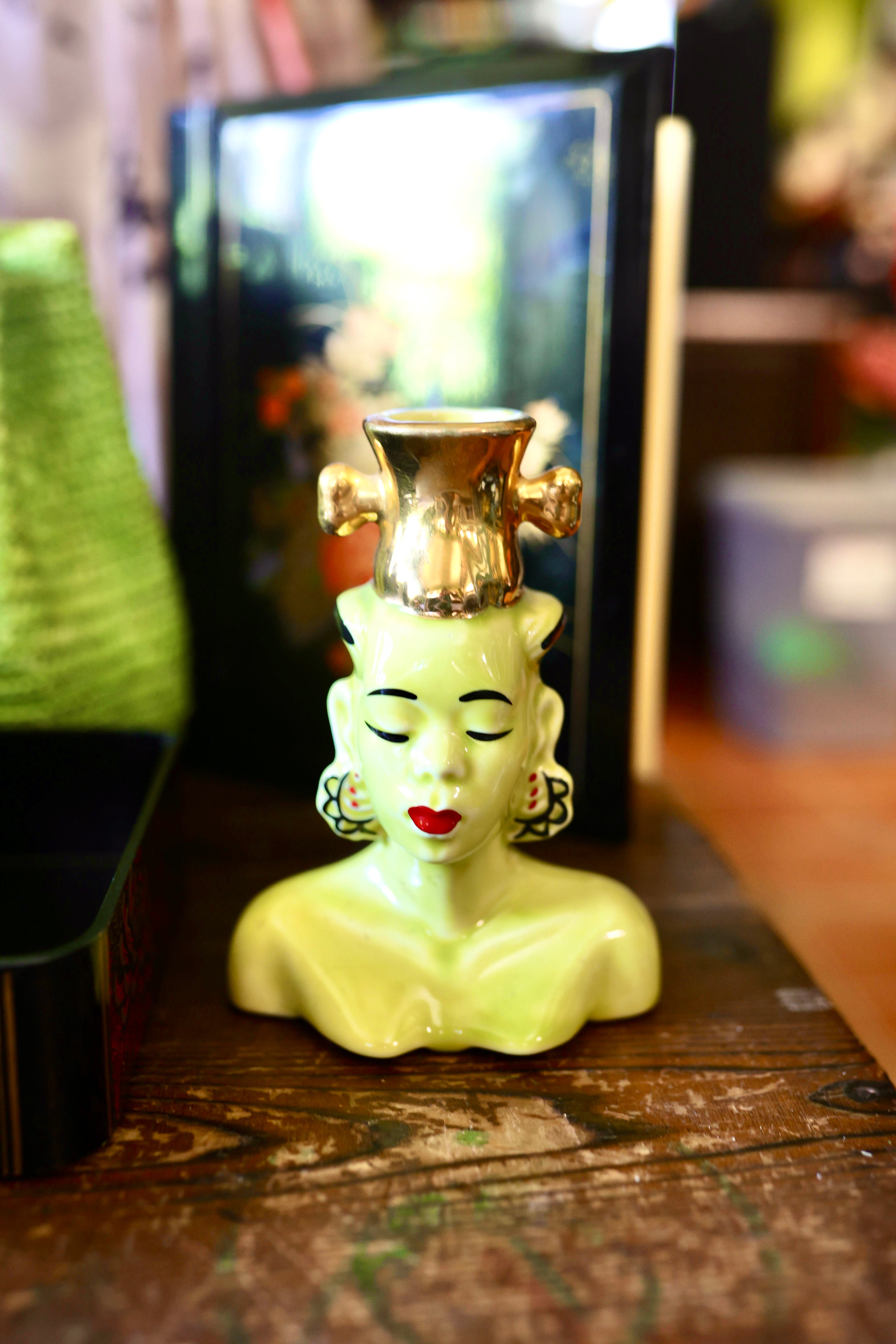Vintage Mid-Century Ceramic Asian Lady Head Vases / Candle Holders with Metallic Accents (Set of 3 or Individual)