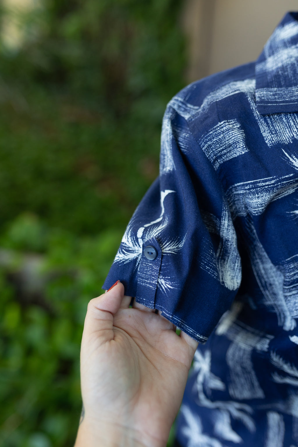 SunBay Cottons Petite Tropical Palm Tree Print Shirt - Navy Blue - PM