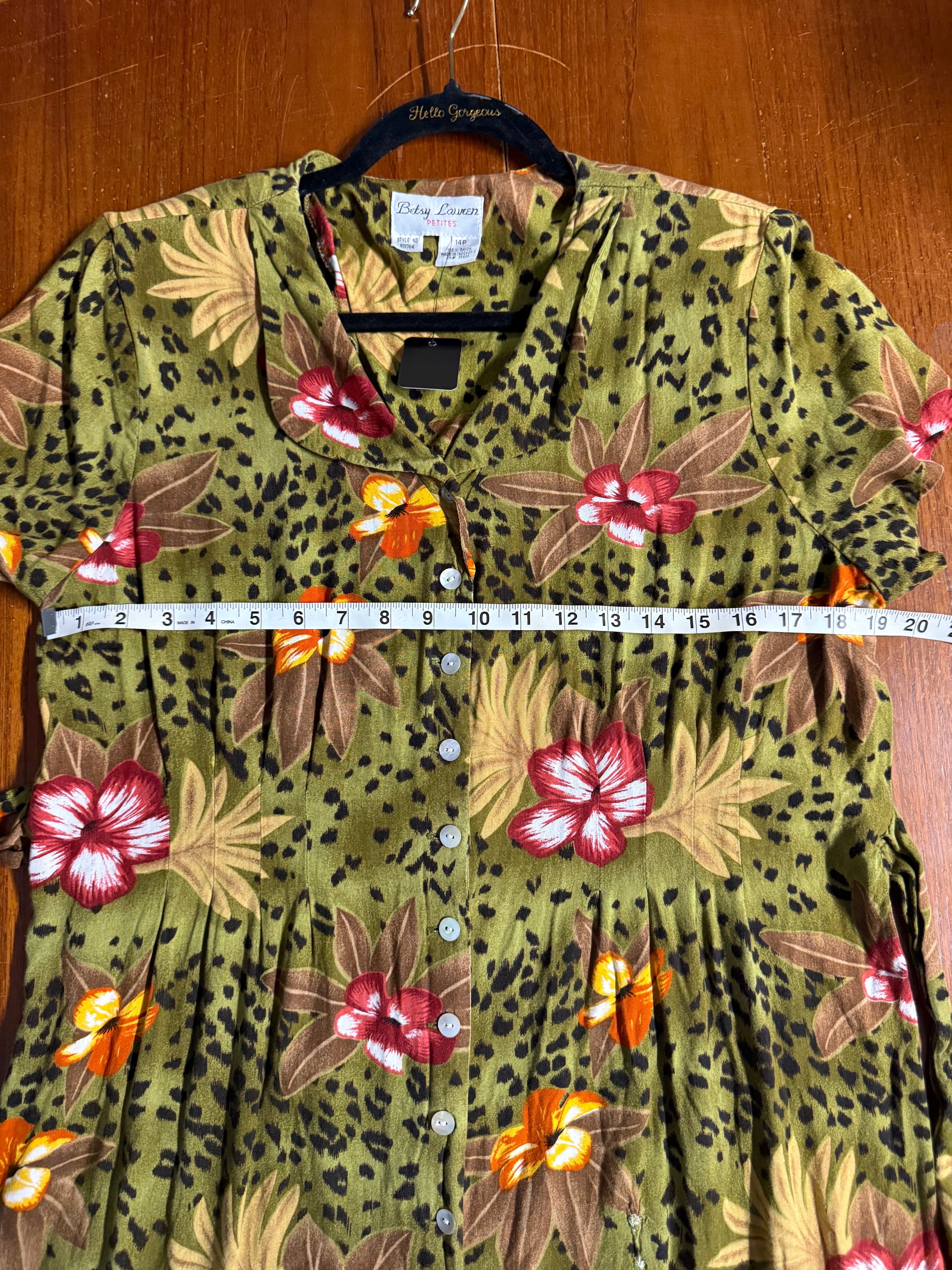 VTG 90s Betsy Lauren Leopard & Tropical Floral Rayon Button-Front Dress - Petite 14