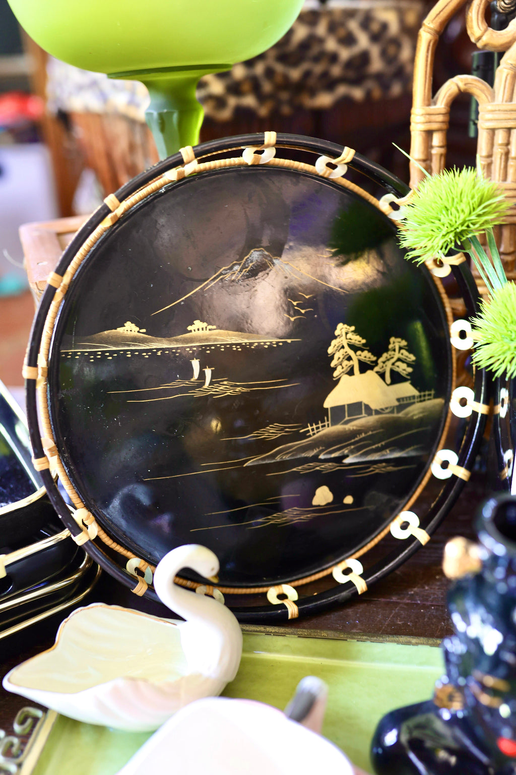 Vintage Mid-Century Japanese Black Lacquer Round Serving Tray | Bound Bamboo Rim & Gold Inlay Mount Fuji Landscape