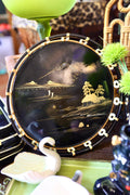 Vintage Mid-Century Japanese Black Lacquer Round Serving Tray | Bound Bamboo Rim & Gold Inlay Mount Fuji Landscape
