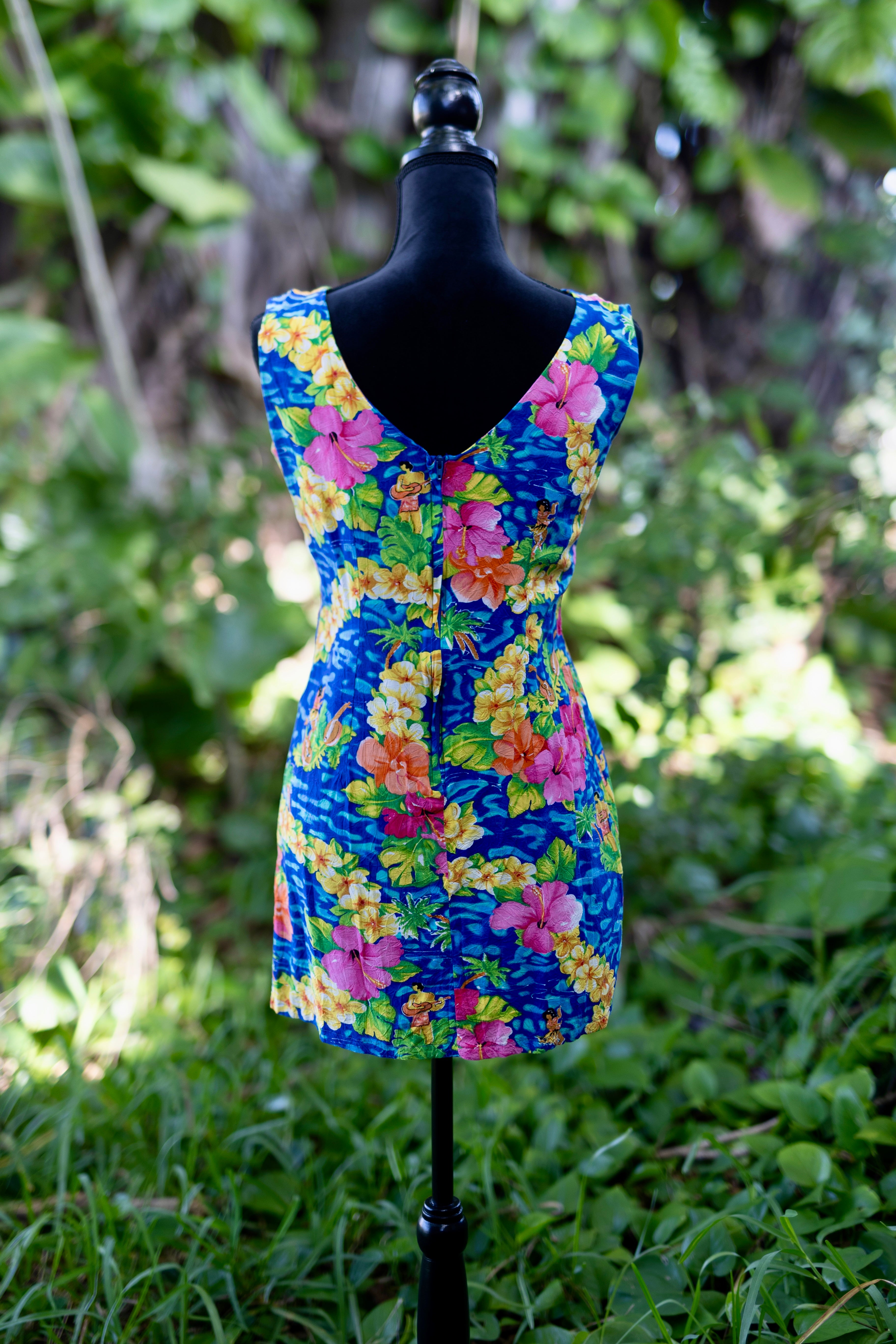 Vintage 90s Jams World "Hula Girl" Mini Dress // Rare Novelty Print Crinkle Rayon // Size 7 Small/Medium // Tropical Tiki Kitschy Chic