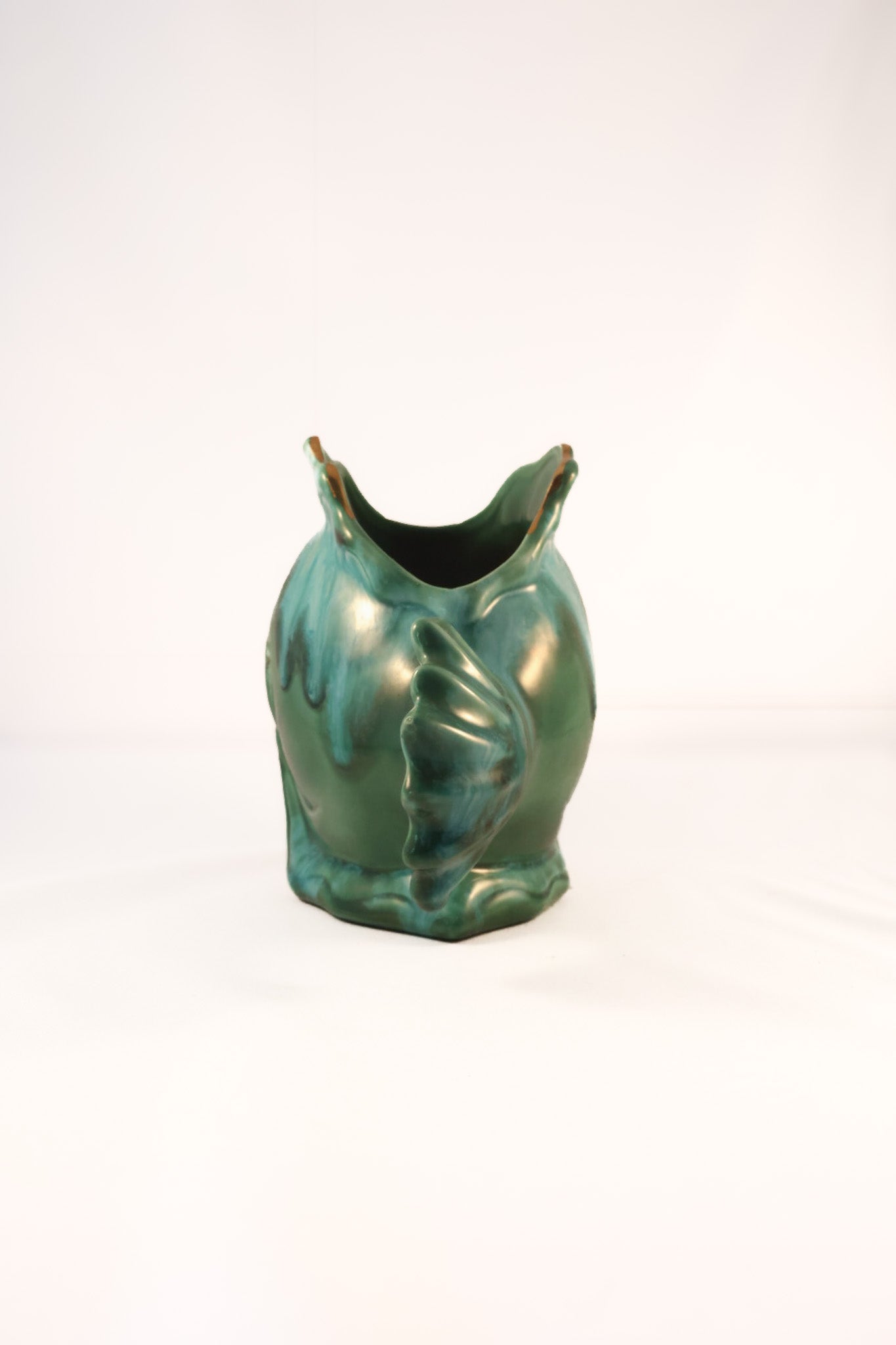 Vintage Mid-Century Green Drip Glaze Ceramic Fish Vase Planter - Gold Foil Eye