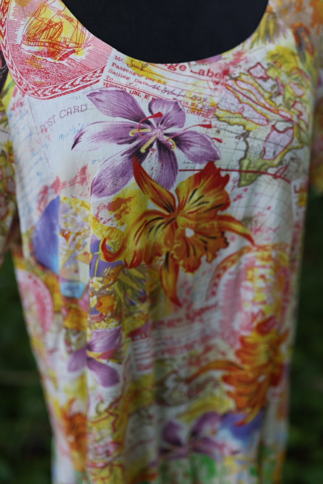 Vintage Jams World "Hattie" Dress | 90s Luggage Label Travel Print | Tiered Ruffle Rayon Midaxi | Size Large