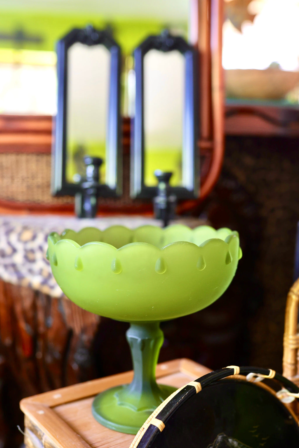 Vintage Frosted Green Satin Glass Pedestal Bowl / Compote Dish