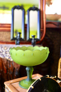 Vintage Frosted Green Satin Glass Pedestal Bowl / Compote Dish