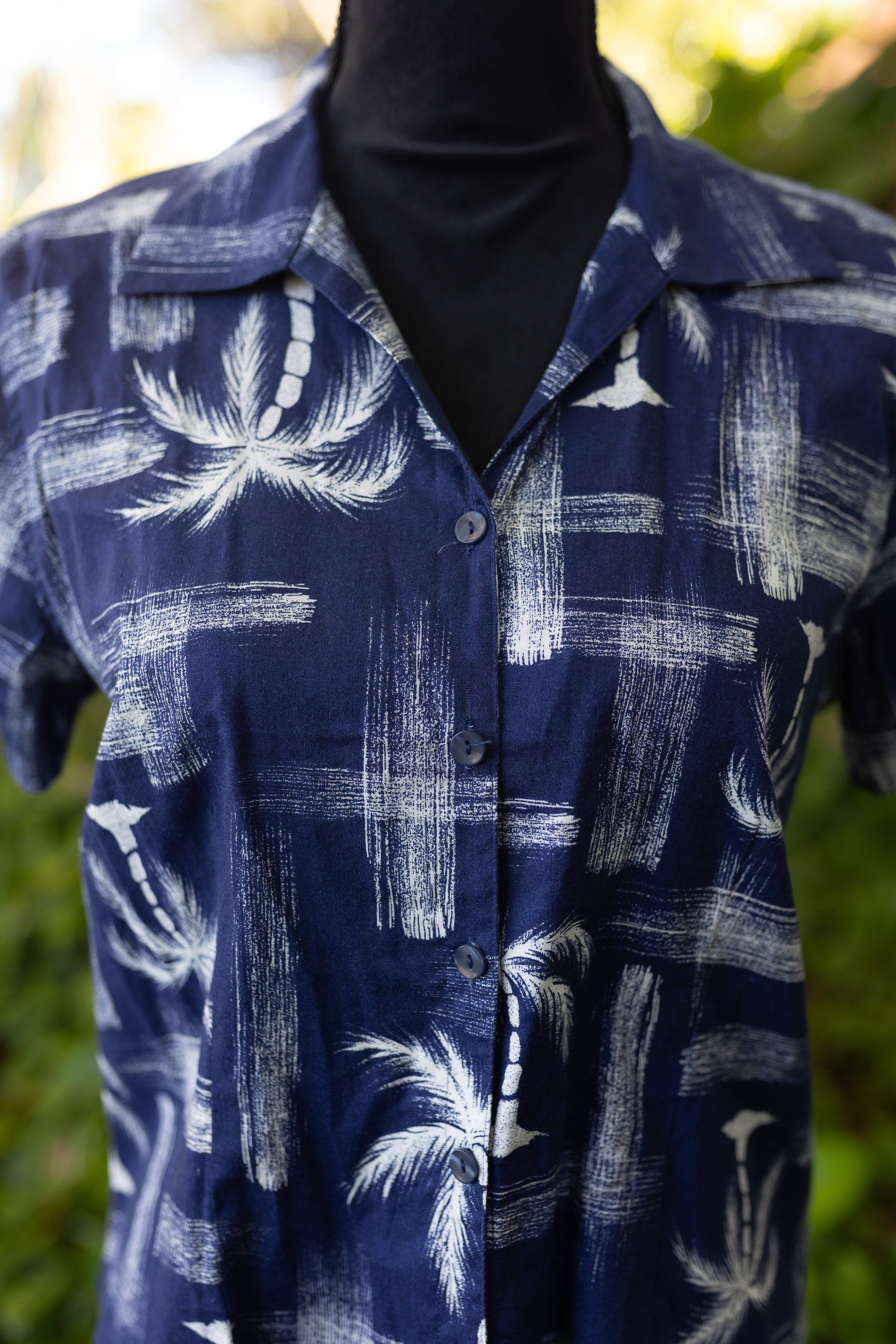 SunBay Cottons Petite Tropical Palm Tree Print Shirt - Navy Blue - PM