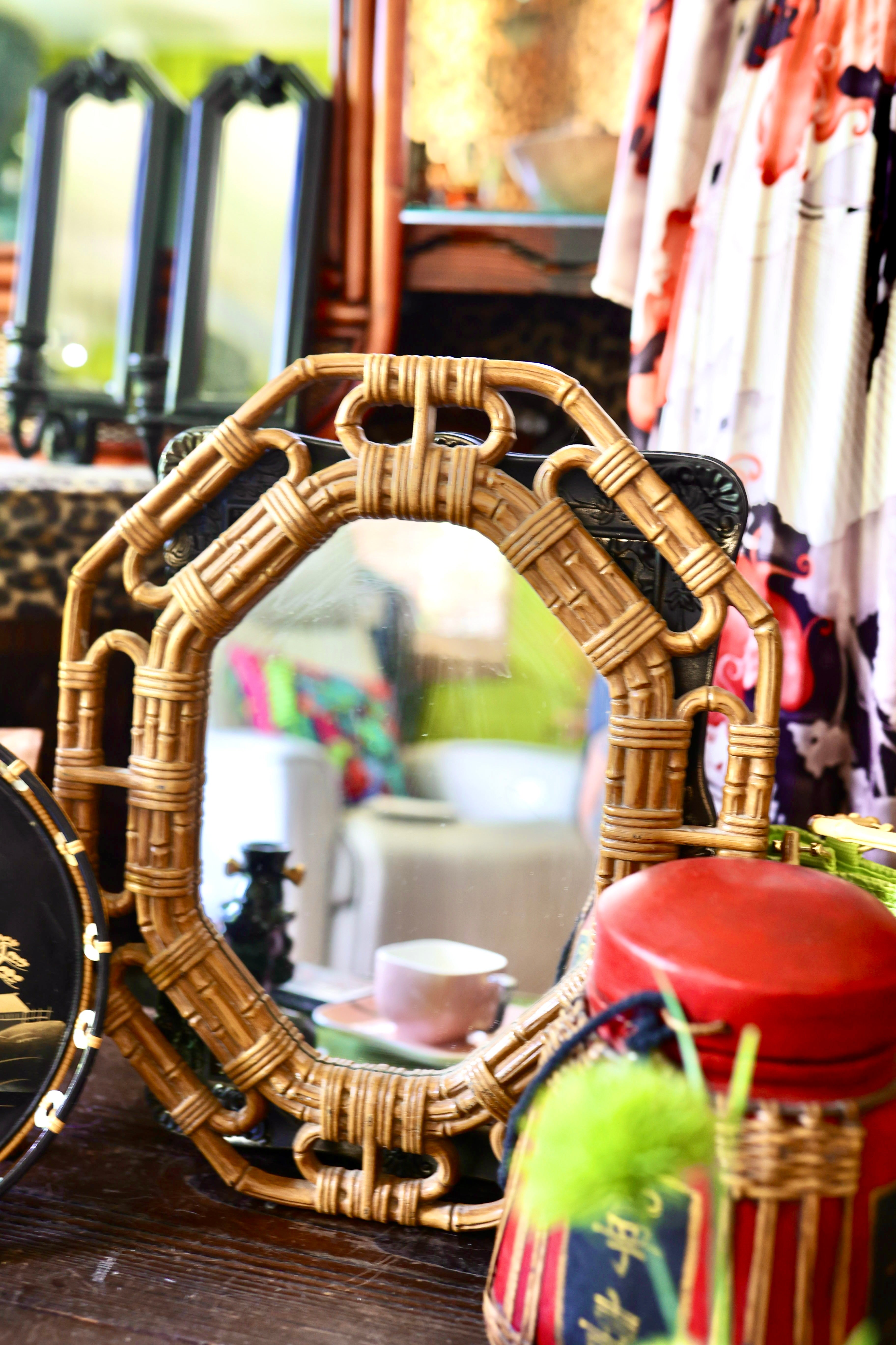 Vintage Bentwood & Faux Bamboo Octagonal Mirror – Boho Tiki Decor