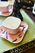 Vintage Mid-Century Modern Pink & Black Ceramic Tea/Coffee Cup and Saucer Set – Tropical Bamboo Motif (Set of 2)