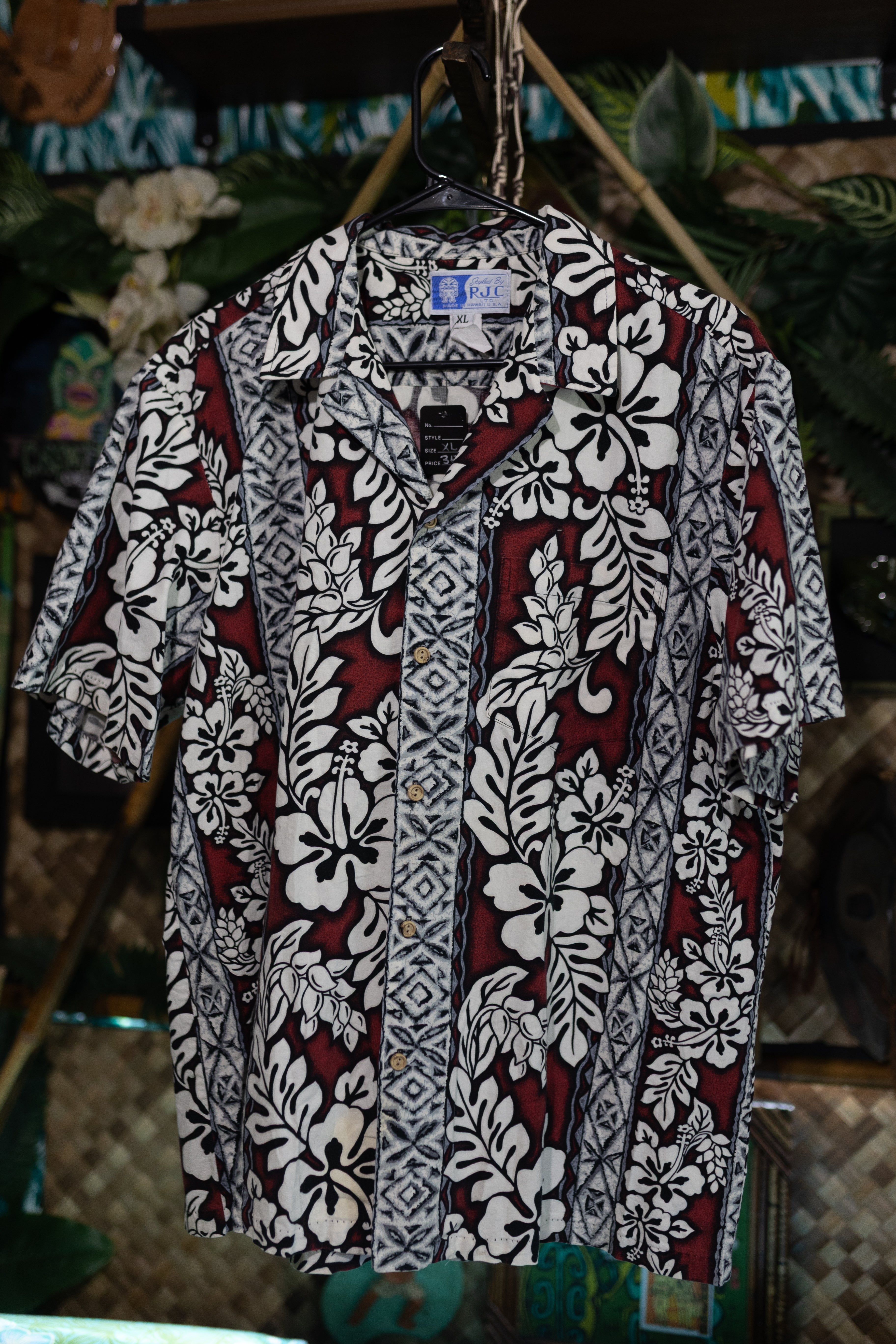 RJC Hawaii Men's XL Hibiscus Aloha Shirt - Burgundy & Grey