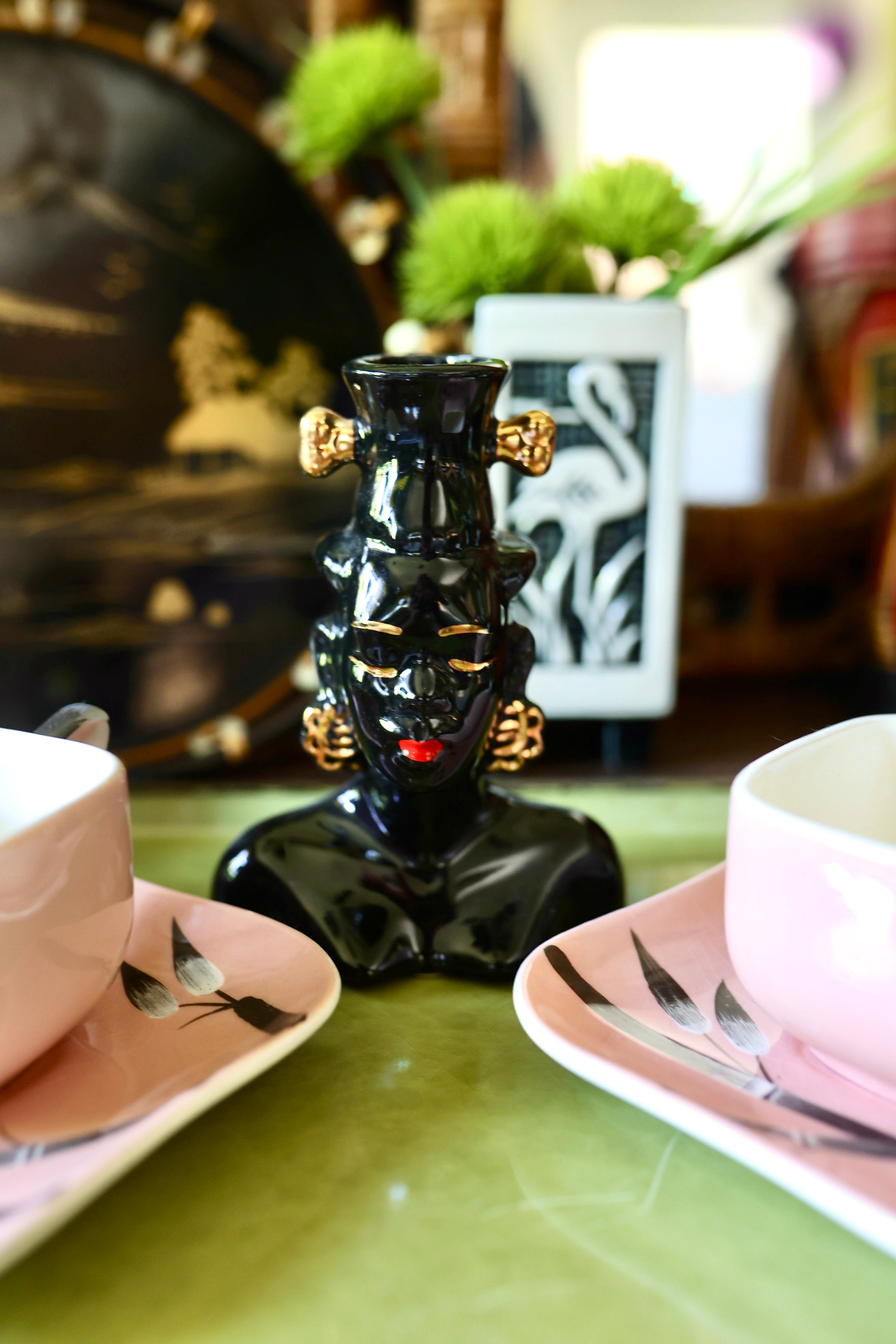 Vintage Mid-Century Ceramic Asian Lady Head Vases / Candle Holders with Metallic Accents (Set of 3 or Individual)