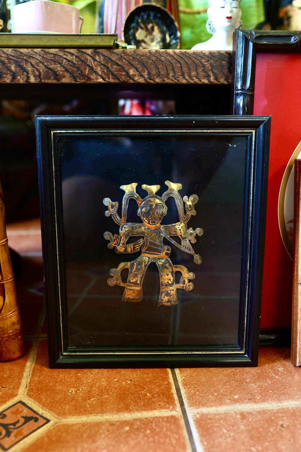 Vintage Framed Pre-Columbian Style Brass Deity Shadowbox Wall Art