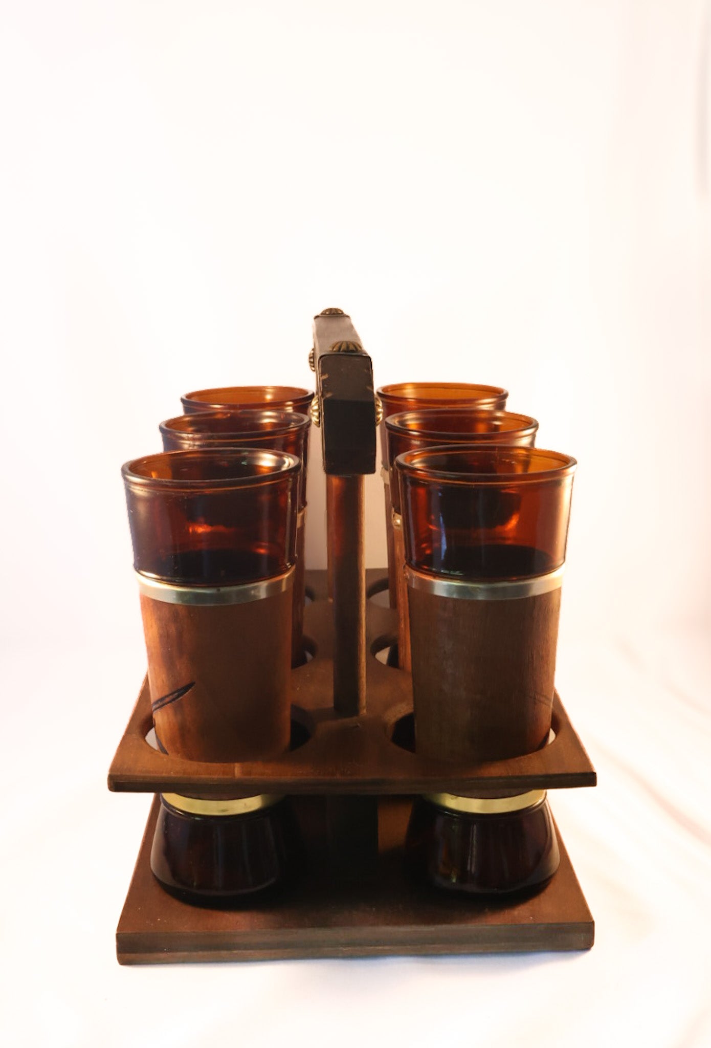 Vintage MCM Siesta Ware Conquistador Glasses with Wooden Caddy - Set of 6