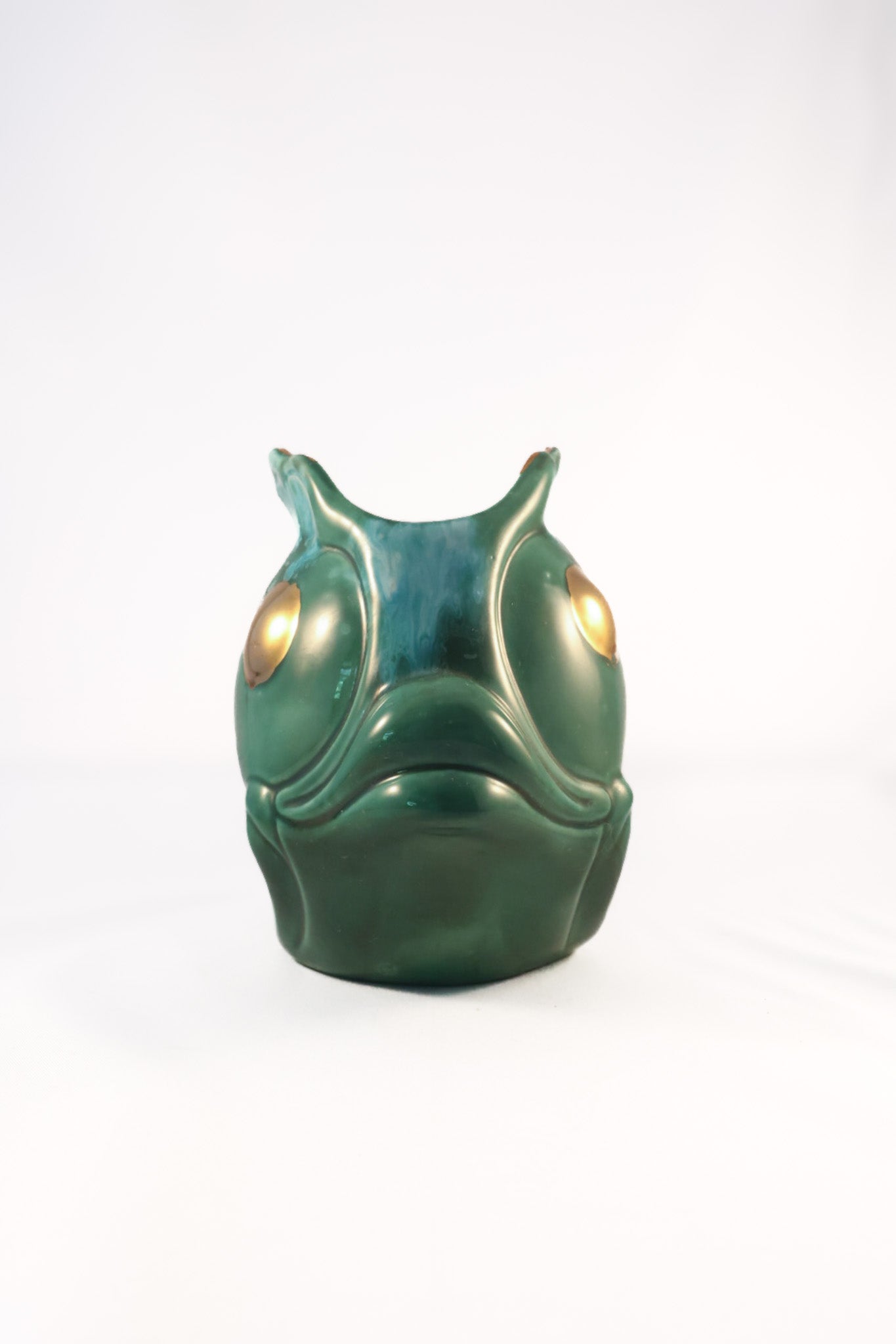 Vintage Mid-Century Green Drip Glaze Ceramic Fish Vase Planter - Gold Foil Eye