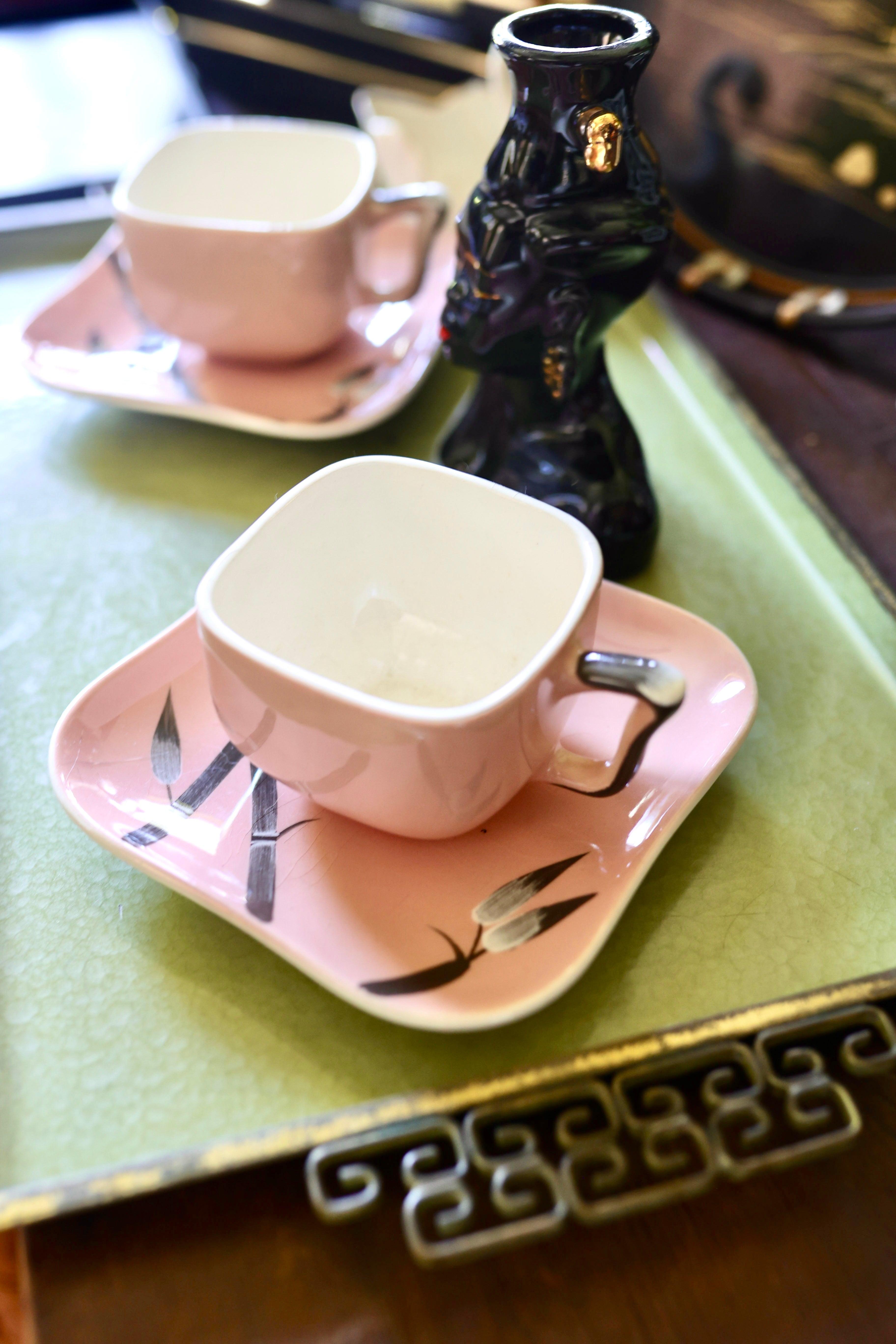 Vintage Mid-Century Modern Pink & Black Ceramic Tea/Coffee Cup and Saucer Set – Tropical Bamboo Motif (Set of 2)