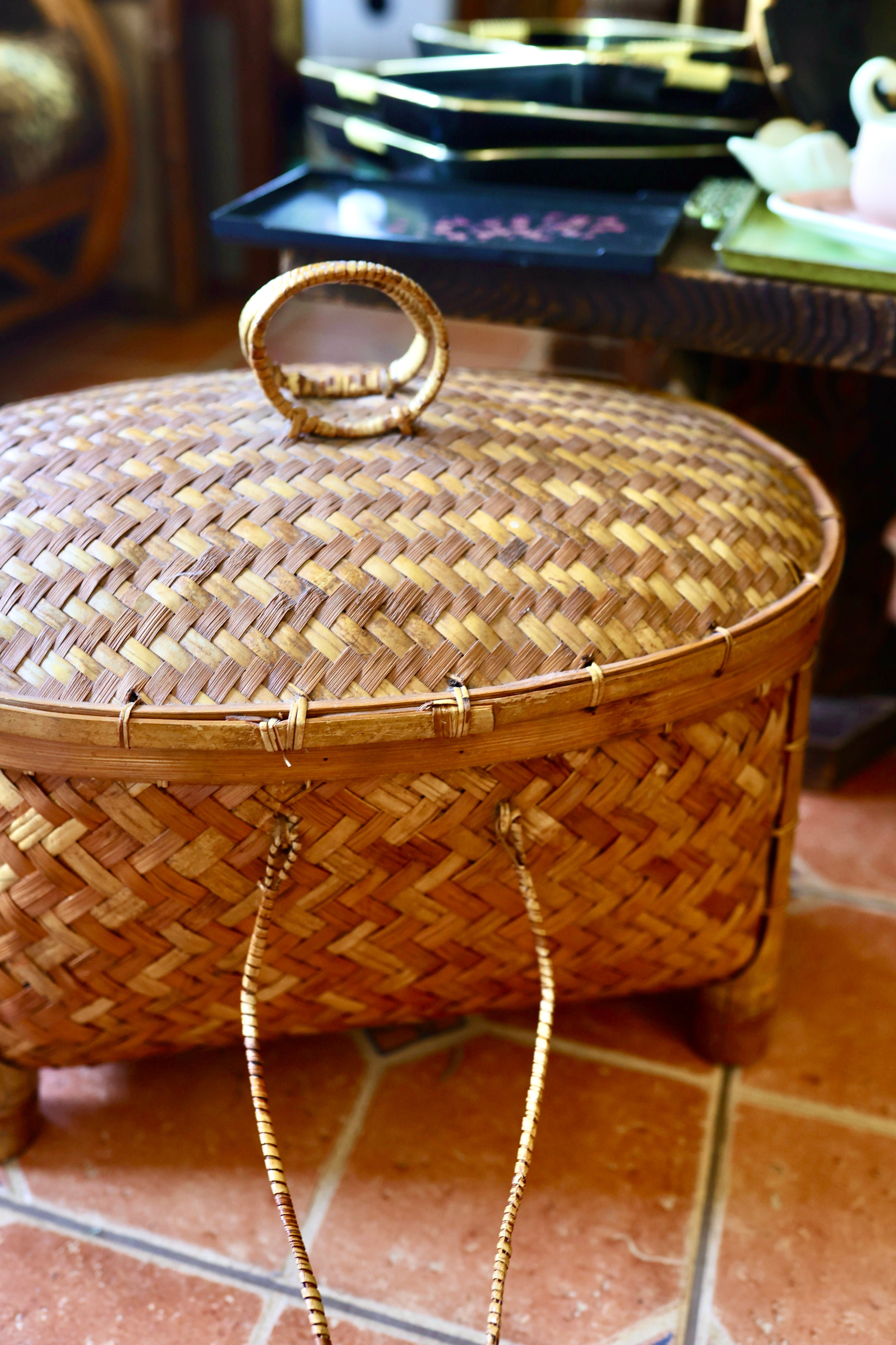 Vintage Woven Bamboo Sewing Basket with Lid & Legs | Bohemian Tropical Storage Chest