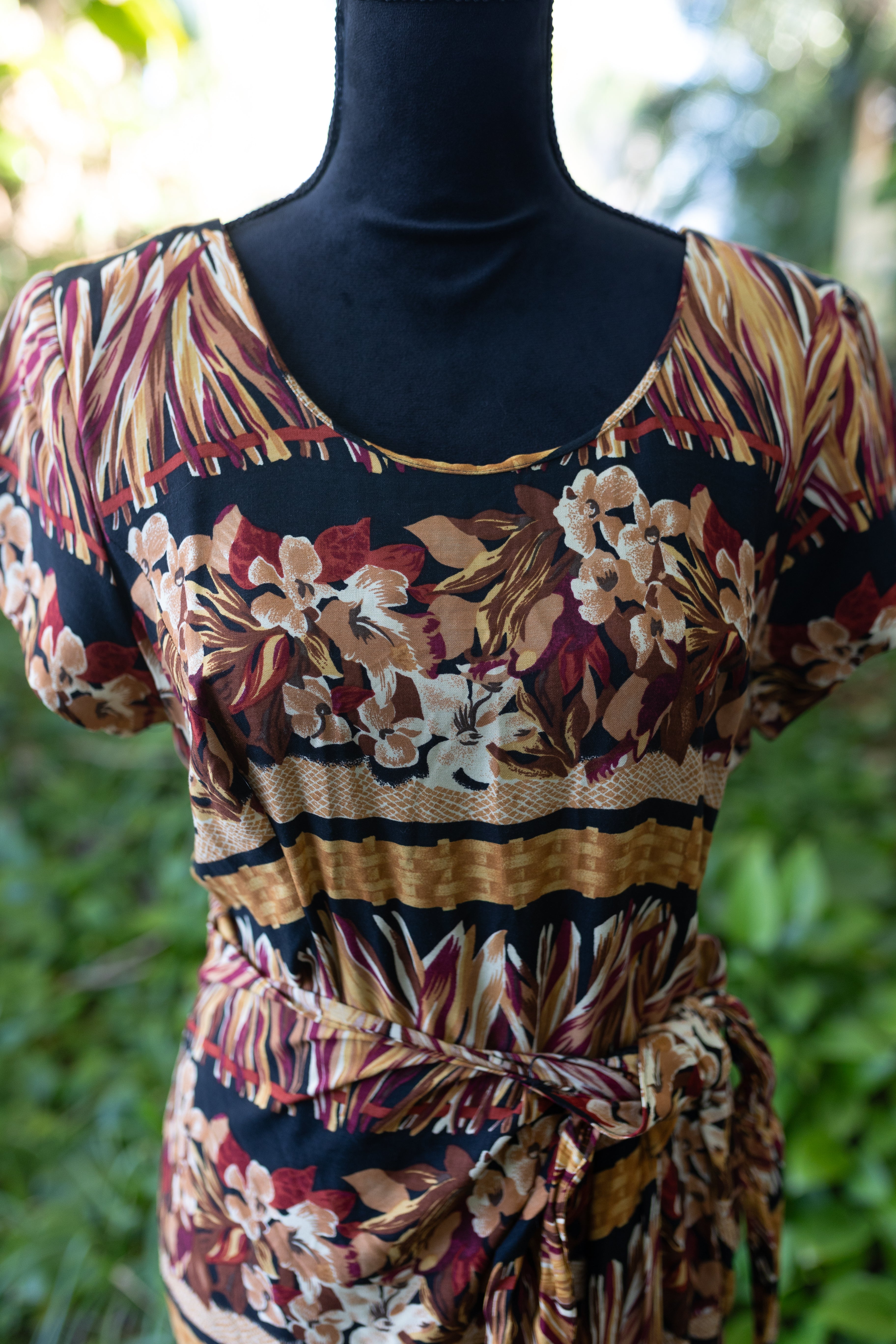 Vintage 90s Jessica Howard Tropical Rayon Maxi Dress - Tiki Hula Print - Size 12