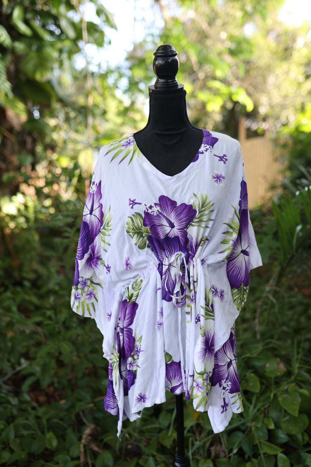 Tropical Hibiscus Rayon Kaftan Tunic - Vibrant Purple & White