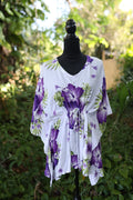 Tropical Hibiscus Rayon Kaftan Tunic - Vibrant Purple & White