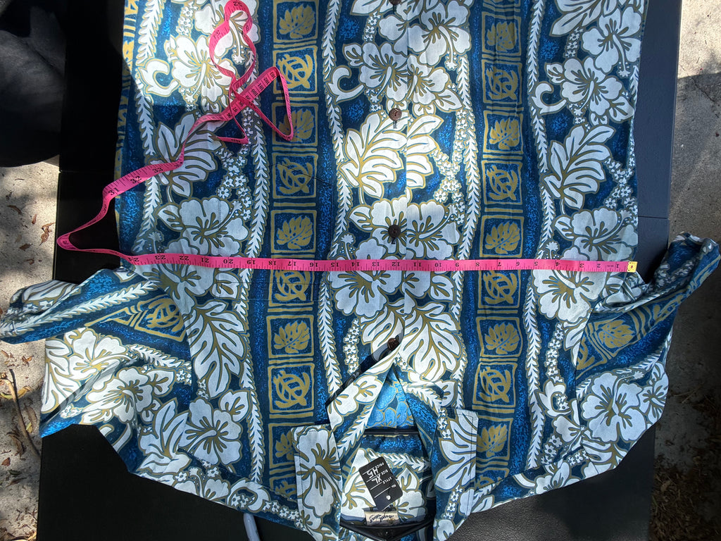 Royal Creations Vintage Hawaiian Shirt - Blue & Gold Floral Hibiscus