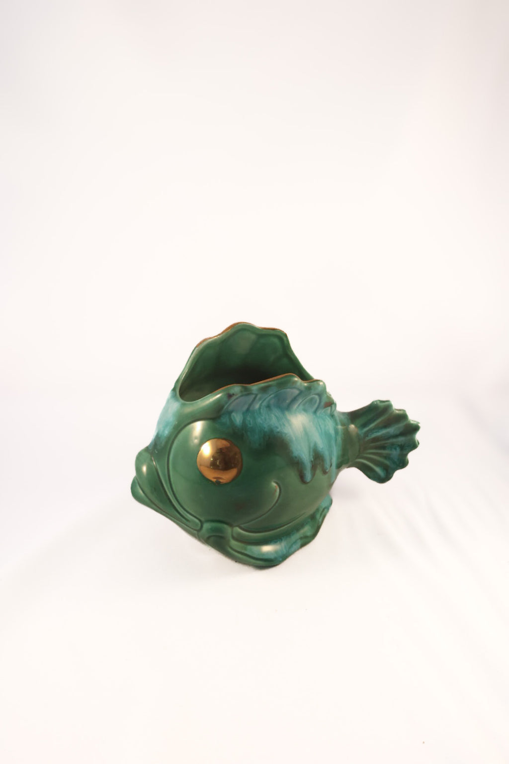 Vintage Mid-Century Green Drip Glaze Ceramic Fish Vase Planter - Gold Foil Eye