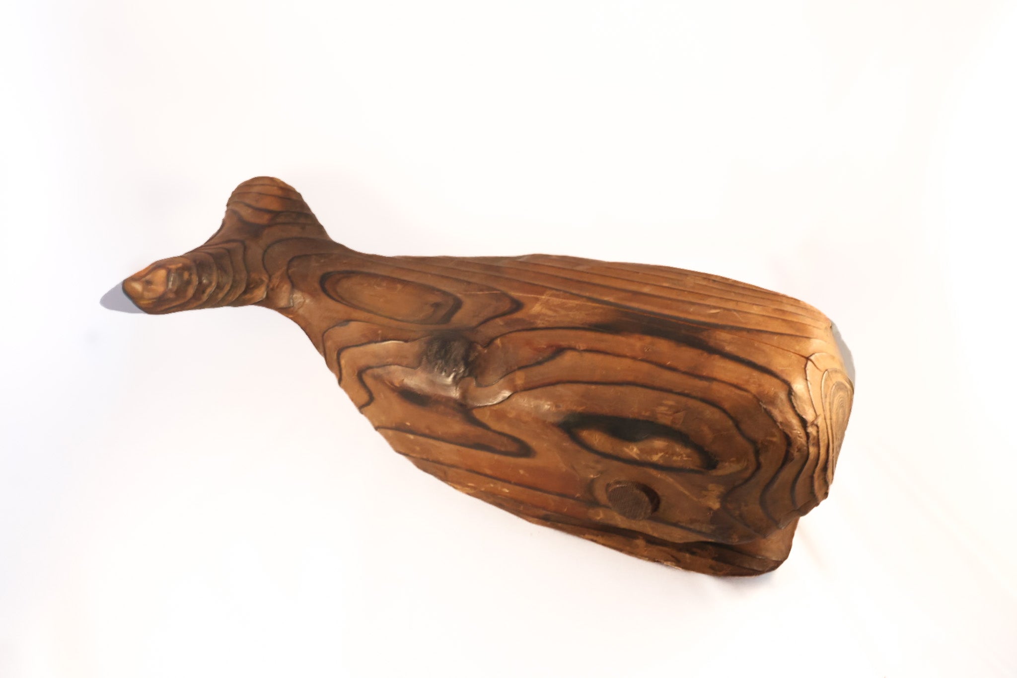 Vintage Mid-Century Modern Hand-Carved Wooden Sperm Whale Sculpture – Stylized MCM Nautical Folk Art