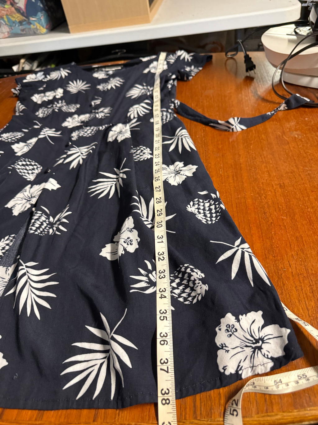 Vintage 90s APART Tropical Pineapple & Hibiscus Rayon Dress | Navy Blue Tiki Picnic Dress | Petite 12P